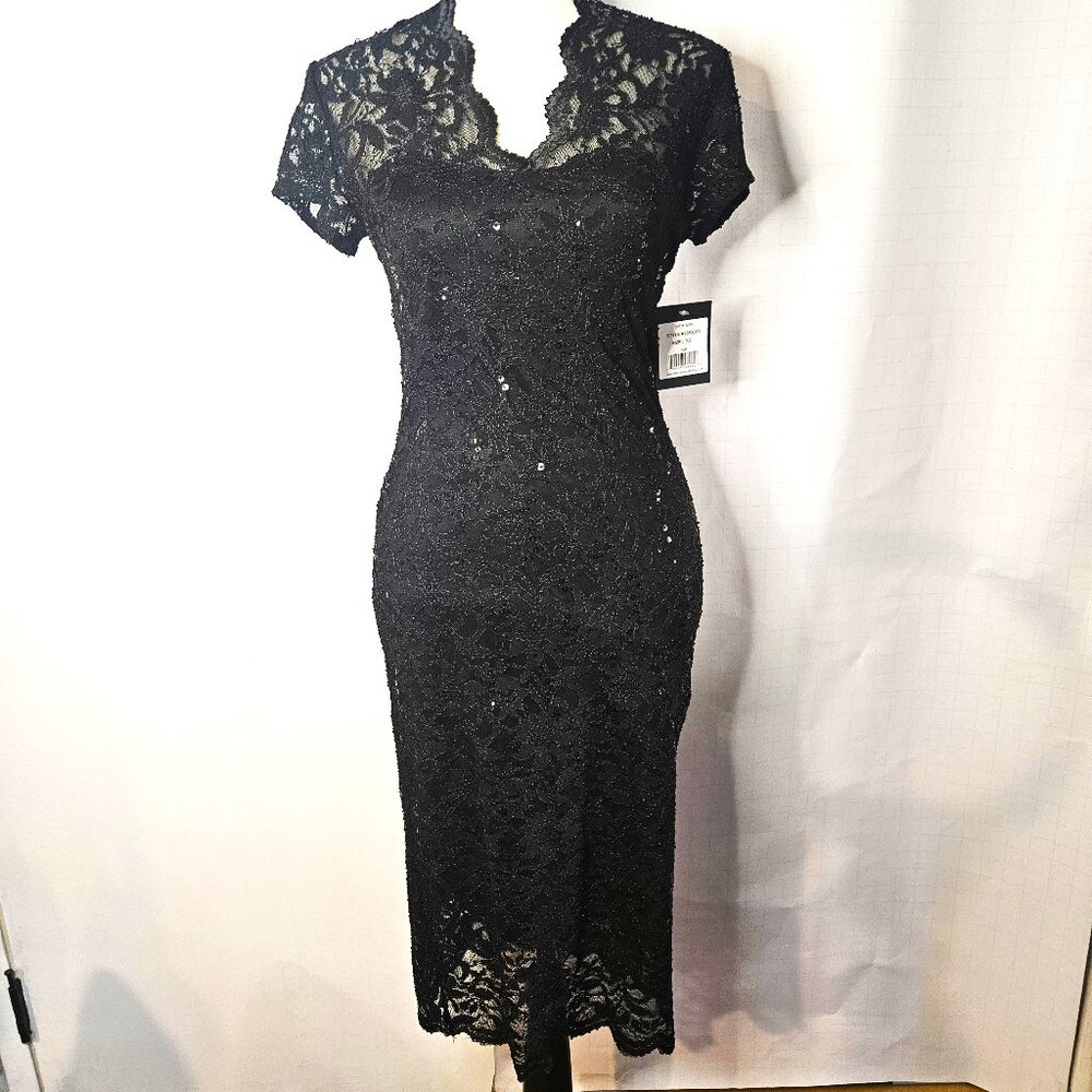 Black Lace XS Sheath Dress High Neckline Short Cap Sleeves Knee-Length Hemline